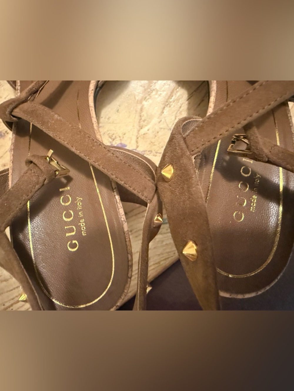 Gucci Brown Suede Studded T-Strap Sandals - Picture 8 of 11